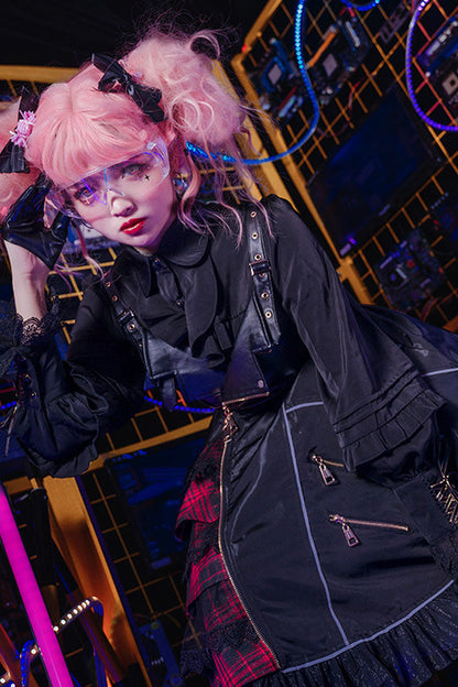 Black Zippered Gothic Lolita JSK Dress with Ruffled Multi-Layer Cardigan