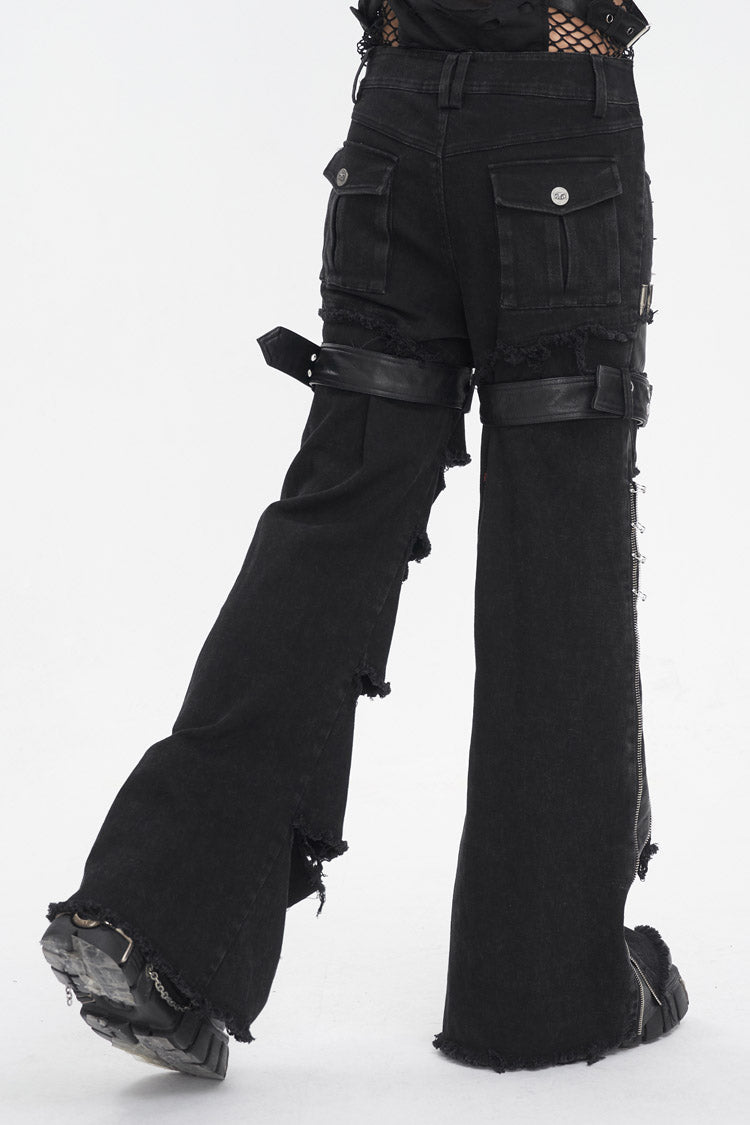 Men's Punk Flared Pants in Spliced Black Faux Leather