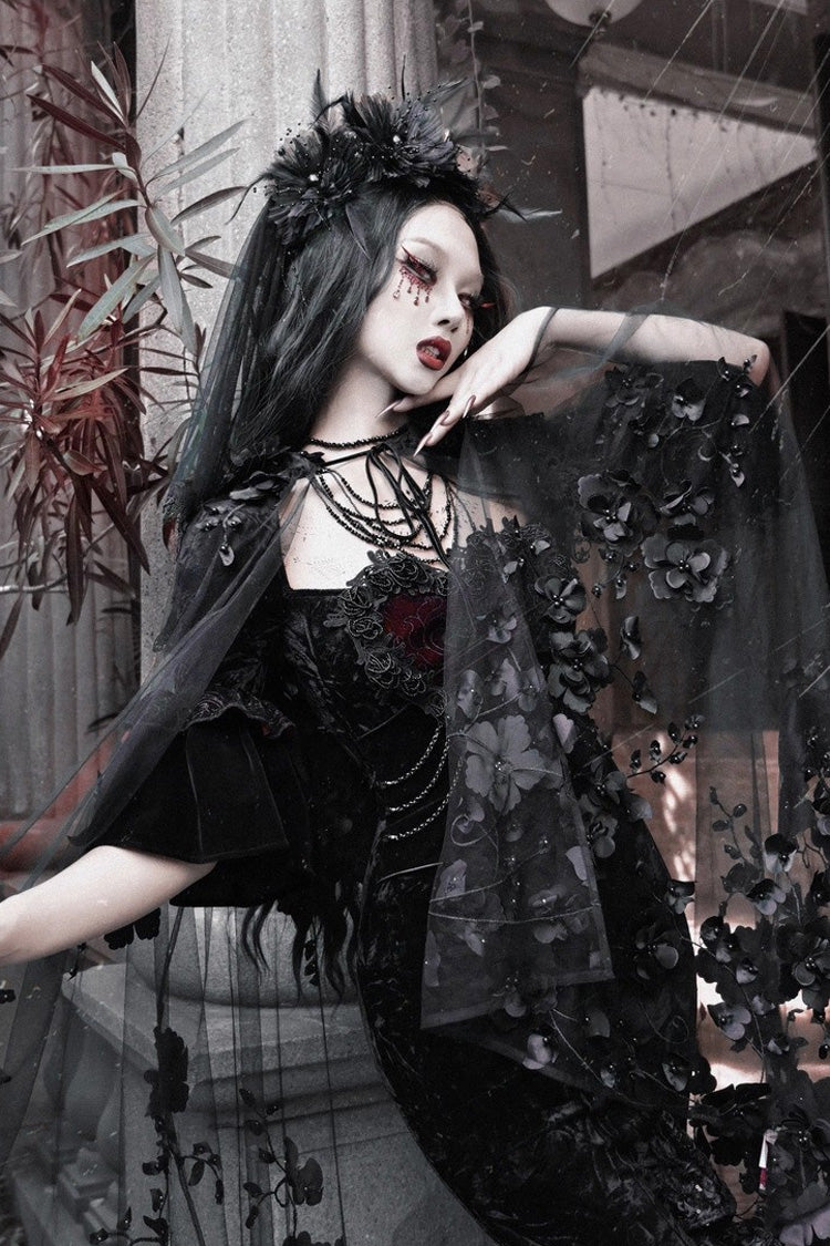 Square Collar Gothic Mermaid Dress with Multi-Layered Ruffled Embroidery - Castle of Dark Romance