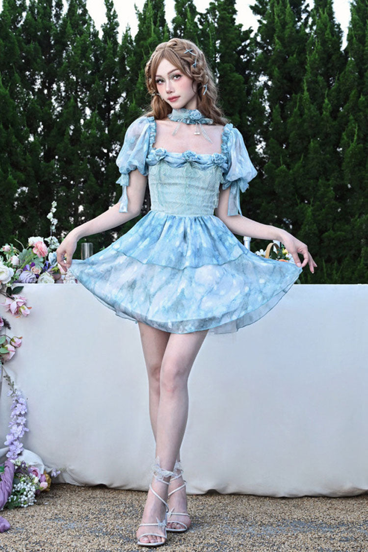 Blue Square Collar Short Puff Sleeve Multi-Layer Print Ruffle Bow Tie-Dye Sweet Princess Lolita Dress