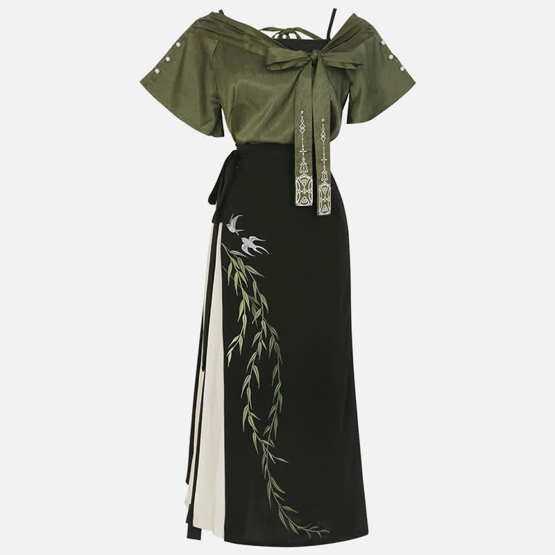 Elegant Salix Leaves Embroidery T-Shirt Cami Top Skirt