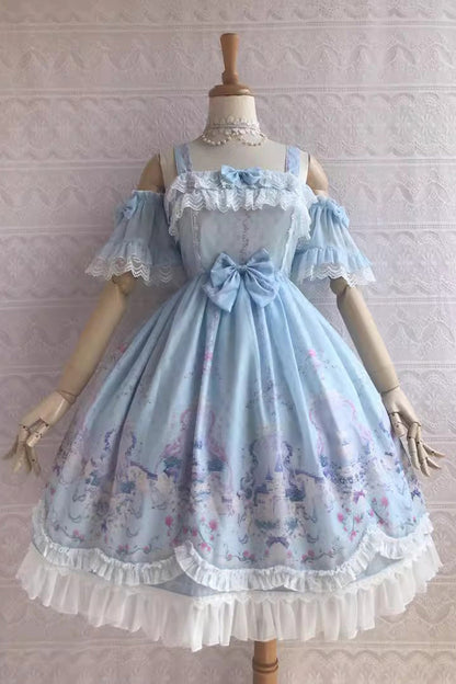 Sweetie Violet Unicorn Print Ruffle Jsk Dress - Secret Garden Lolita