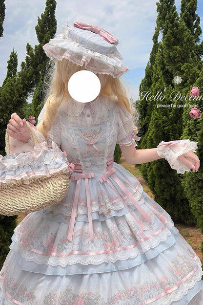 Multicolor Rose Flower Cage Print Triple Ruffle Bow Dress