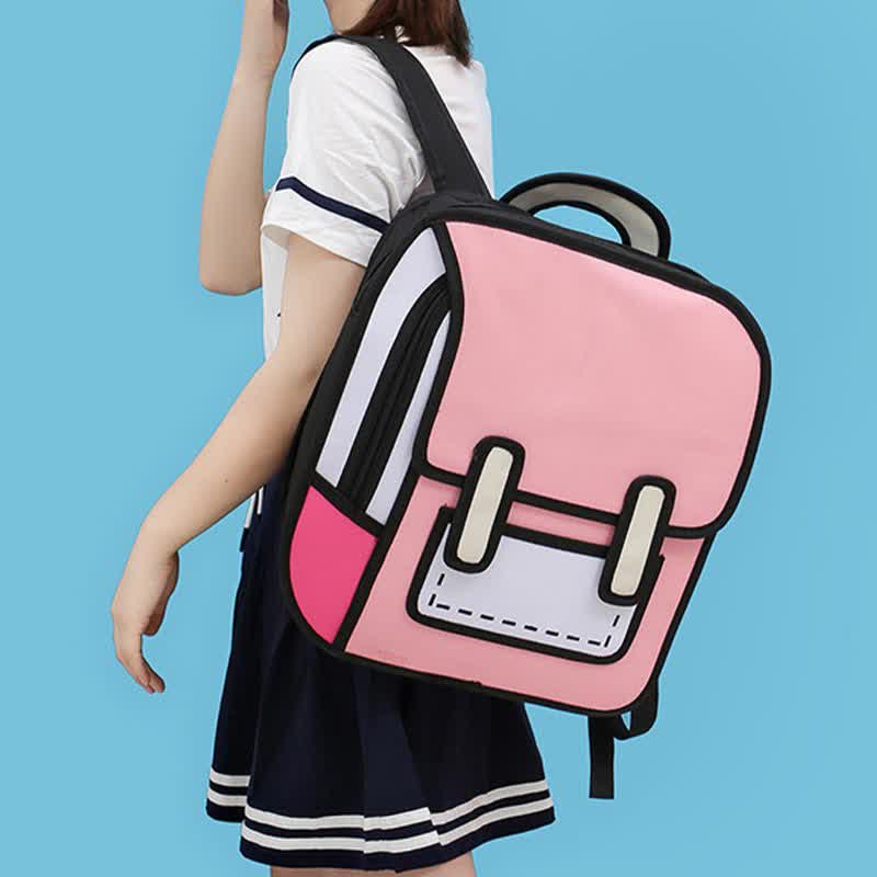 3D Cartoon Colorblock Canvas School Backpack