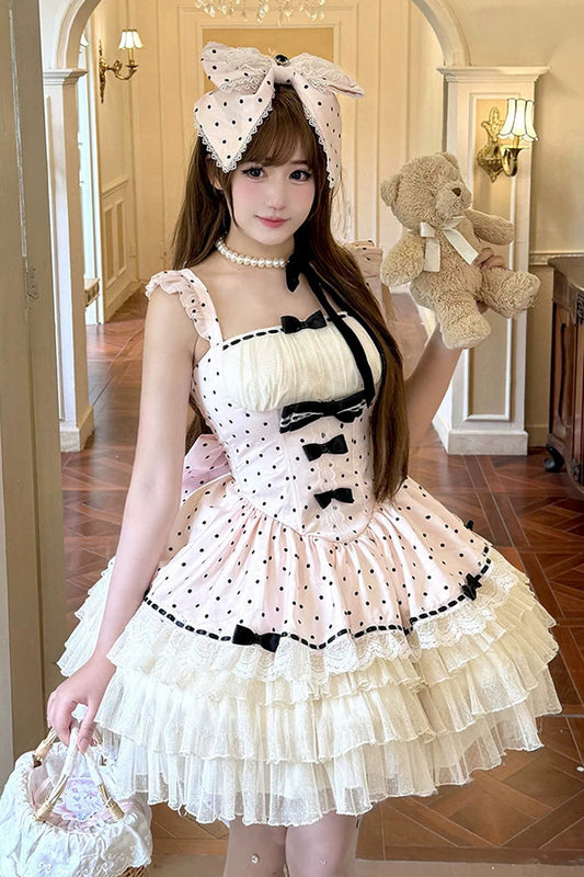 Rose Dot Waltz Square Neck Flutter Sleeve Triple Layer Printed Ruffle Bow JSK Dress