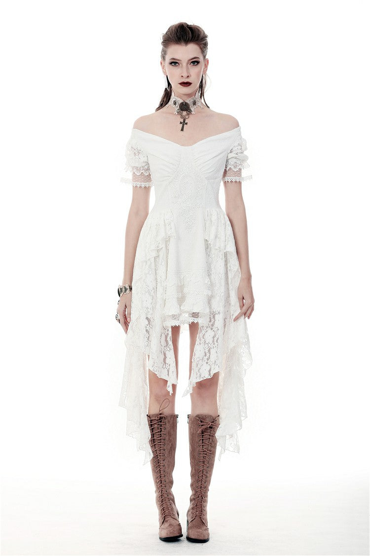 Ivory Off-Shoulder Lace Short Sleeve Steampunk Wedding Dress