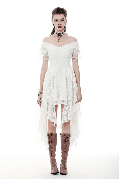 Ivory Off-Shoulder Lace Short Sleeve Steampunk Wedding Dress