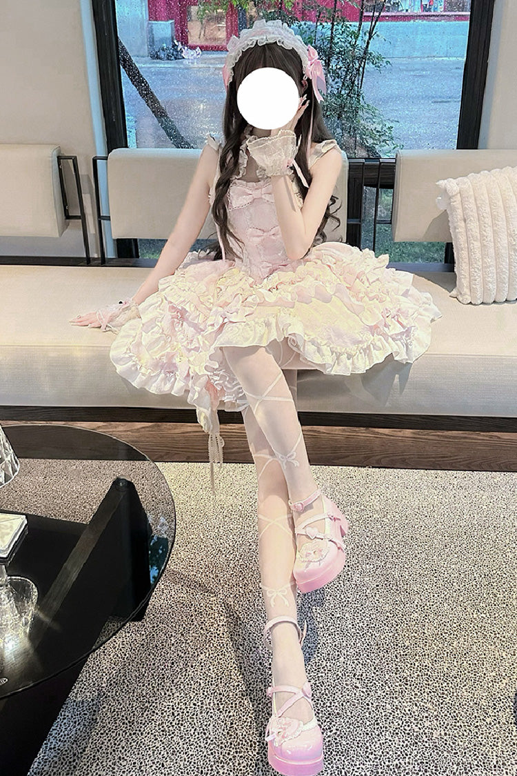 Pink Heart of Butterfly Halterneck Sleeveless Multi-Layer Ruffle Embroidery Princess Ballet JSK Dress Set
