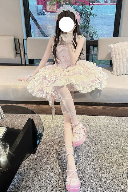 Pink Heart of Butterfly Halterneck Sleeveless Multi-Layer Ruffle Embroidery Princess Ballet JSK Dress Set