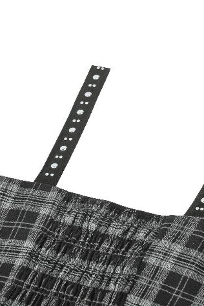 Charcoal Layered Lace Hem Plaid Slip Dress - Punk Party Attire