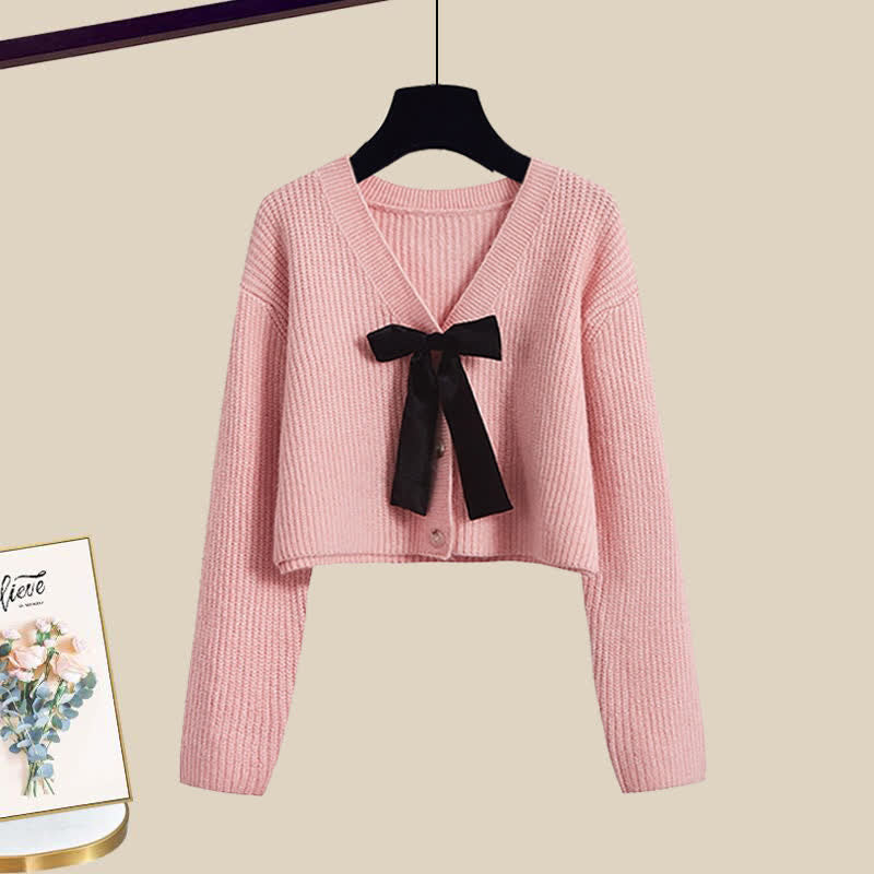 Pull cardigan en tricot à nœud papillon rose Robe à bretelles irrégulières