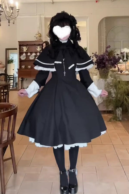 Black Long Sleeve Ruffle Bow Maid Gothic Lolita Dress Cloak Two Piece Set
