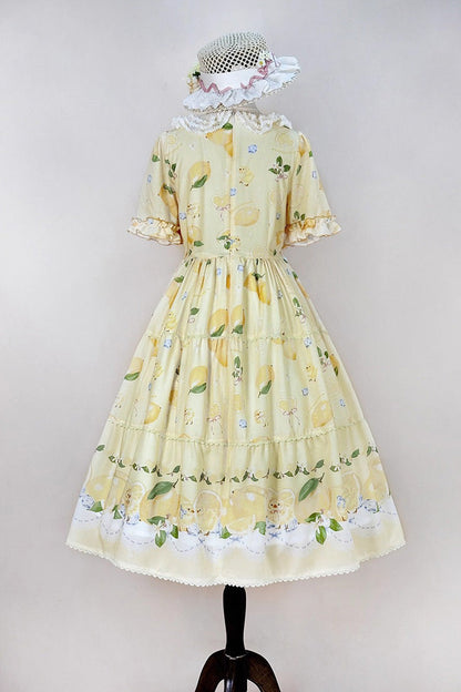 Lemon Chicken Short Sleeve Print Ruffle Bow Lace Daily Sweet Lolita Gown in Yellow