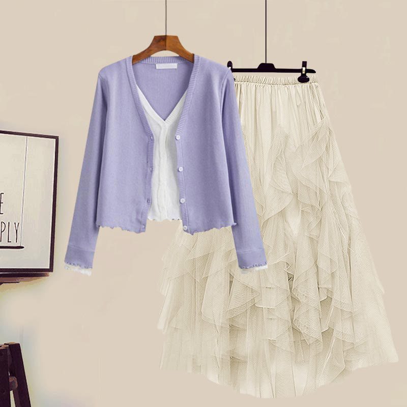 Shirt Fake Colorblock Skirt Tulle Set Tiered