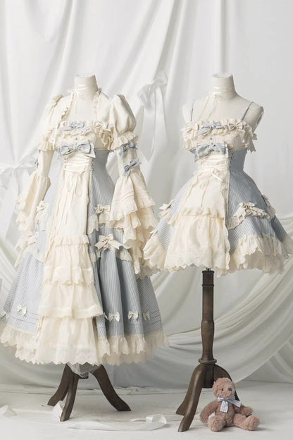 Sleeveless Double Printed Ruffled Open Bow Lace-Up Sweet Lolita JSK Short