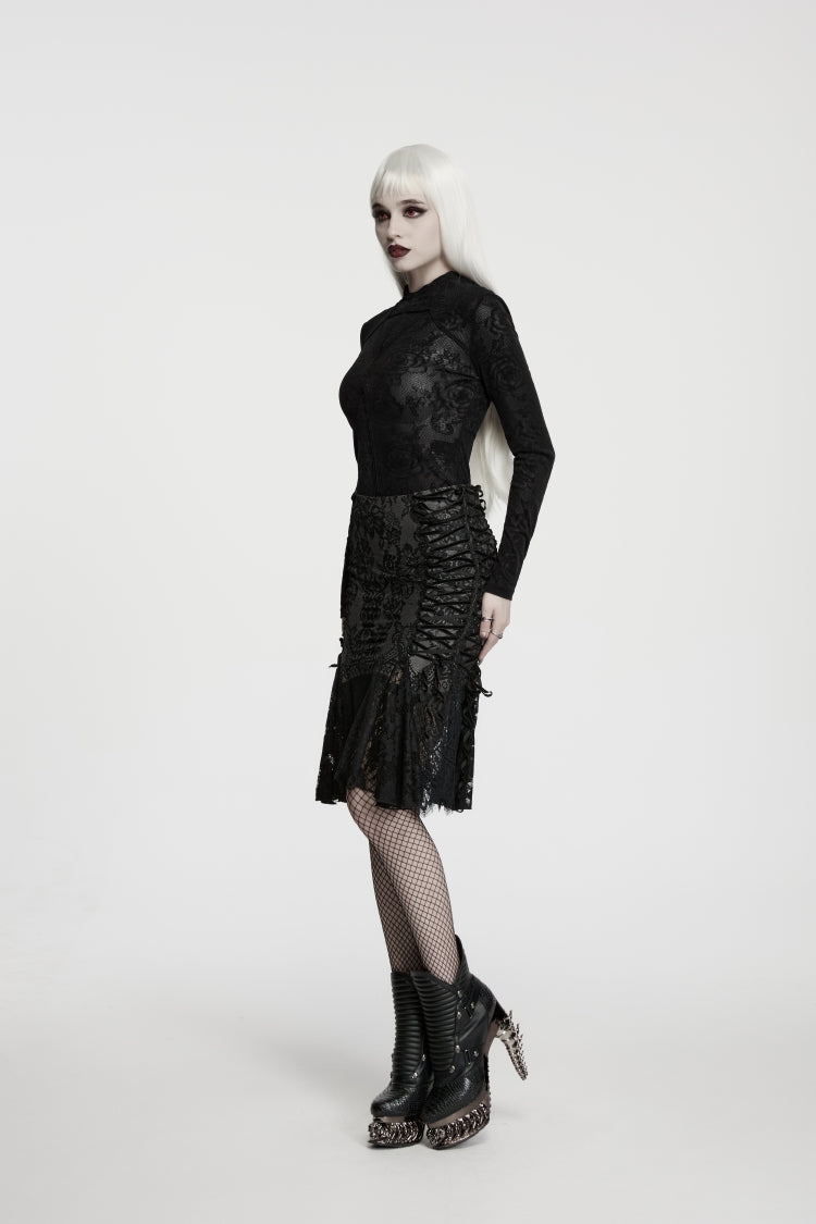 Gothic Top for Her with High Collar and Rose Jacquard Lace, Slim Fit