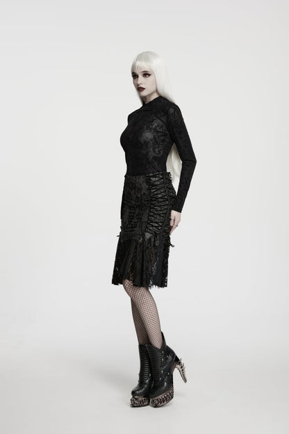 Gothic Top for Her with High Collar and Rose Jacquard Lace, Slim Fit
