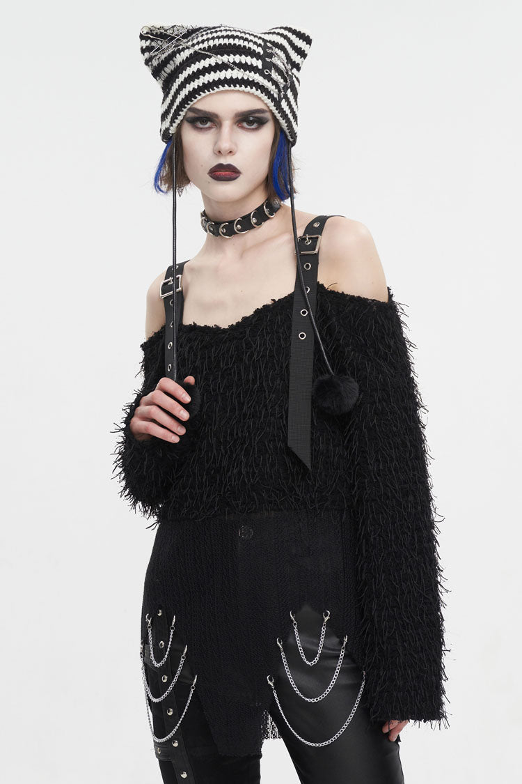 Off-Shoulder Fluffy Black Sweater Punk Women's Asymmetric Style