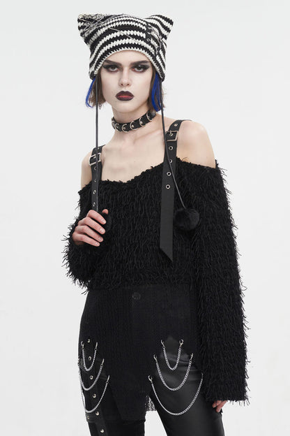 Off-Shoulder Fluffy Black Sweater Punk Women's Asymmetric Style