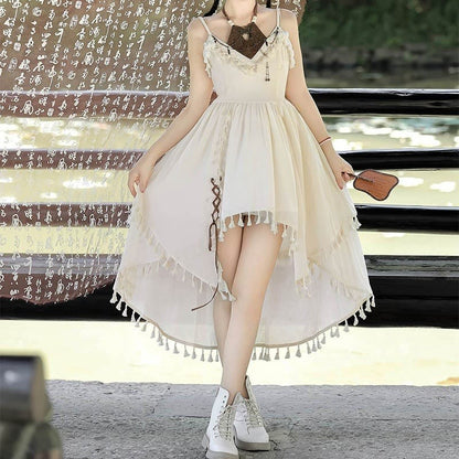 Two Pieces Slip Lace-up Vintage Dress Flounce Top