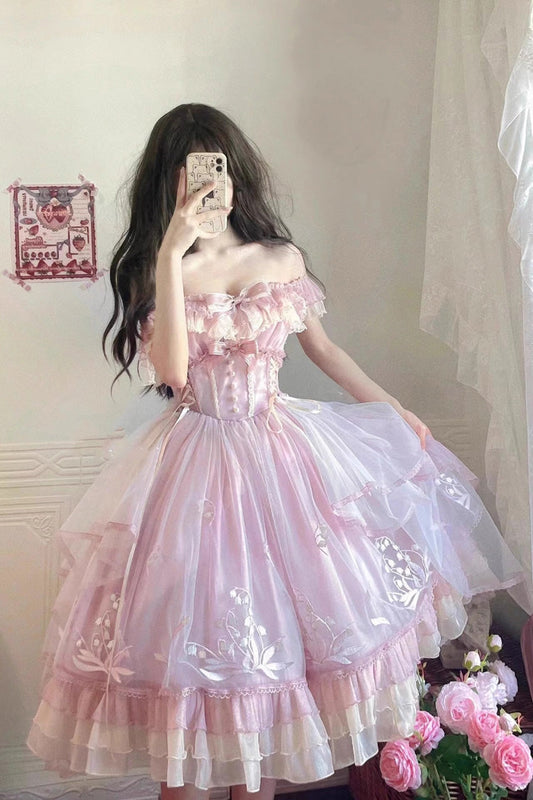 Rose Layered Ruffle Embroidered Bow Princess Lolita Jumper - Love Is Coming