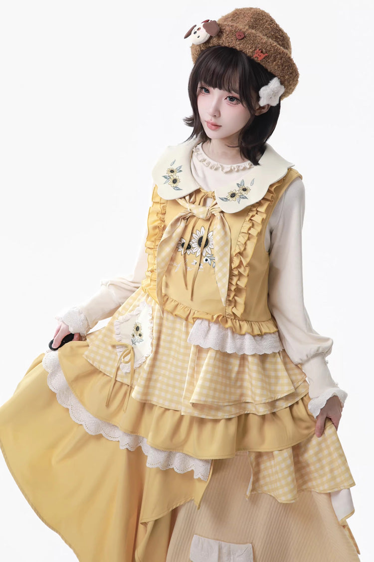 Orange Diary Layered Print Embroidered Bow Lace Asymmetric Sweet Lolita Jumper in Yellow