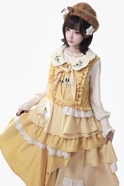 Orange Diary Layered Print Embroidered Bow Lace Asymmetric Sweet Lolita Jumper in Yellow