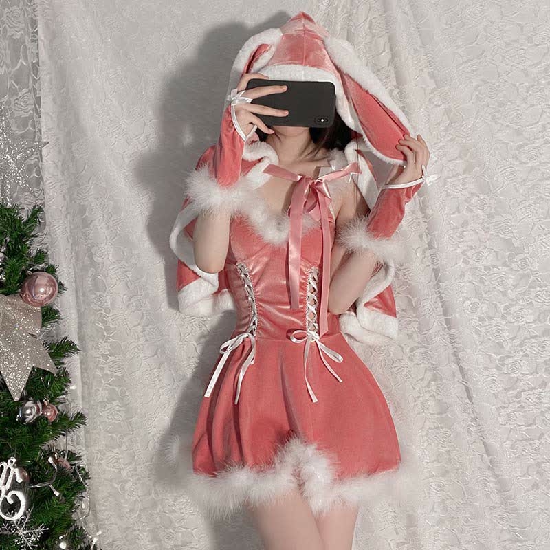 Sexy Lace Up Plush Slip Dress With Bunny Hooded Cloak