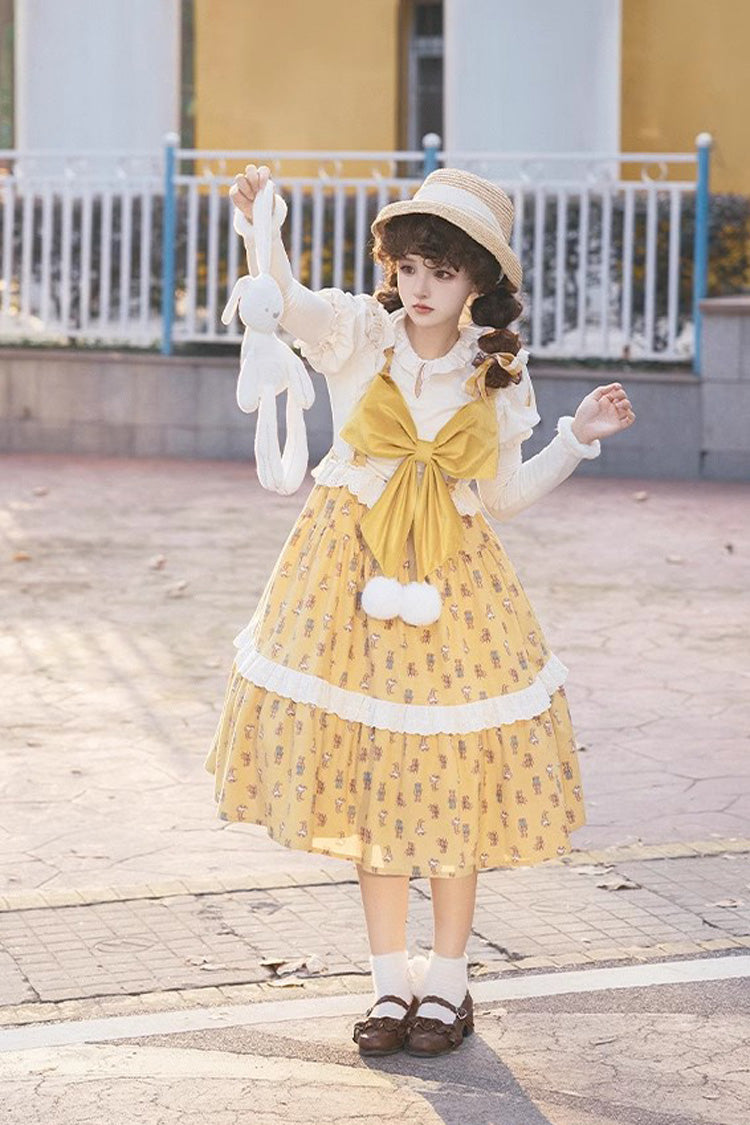 Golden Stuffed Bear Print Bow Sweet JSK Dress