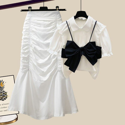 High Ruffled Set Bow T-Shirt Knot Skirt Waist