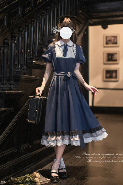 Lapel-Collar Vintage Dress with Bow Print and Short Sleeves