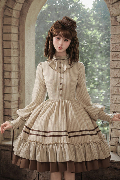 At Sunset Round-Collar Lantern-Sleeved Double-Layered Printed Ruffled Classic Lolita Dress in Beige and Brown, 2 Versions