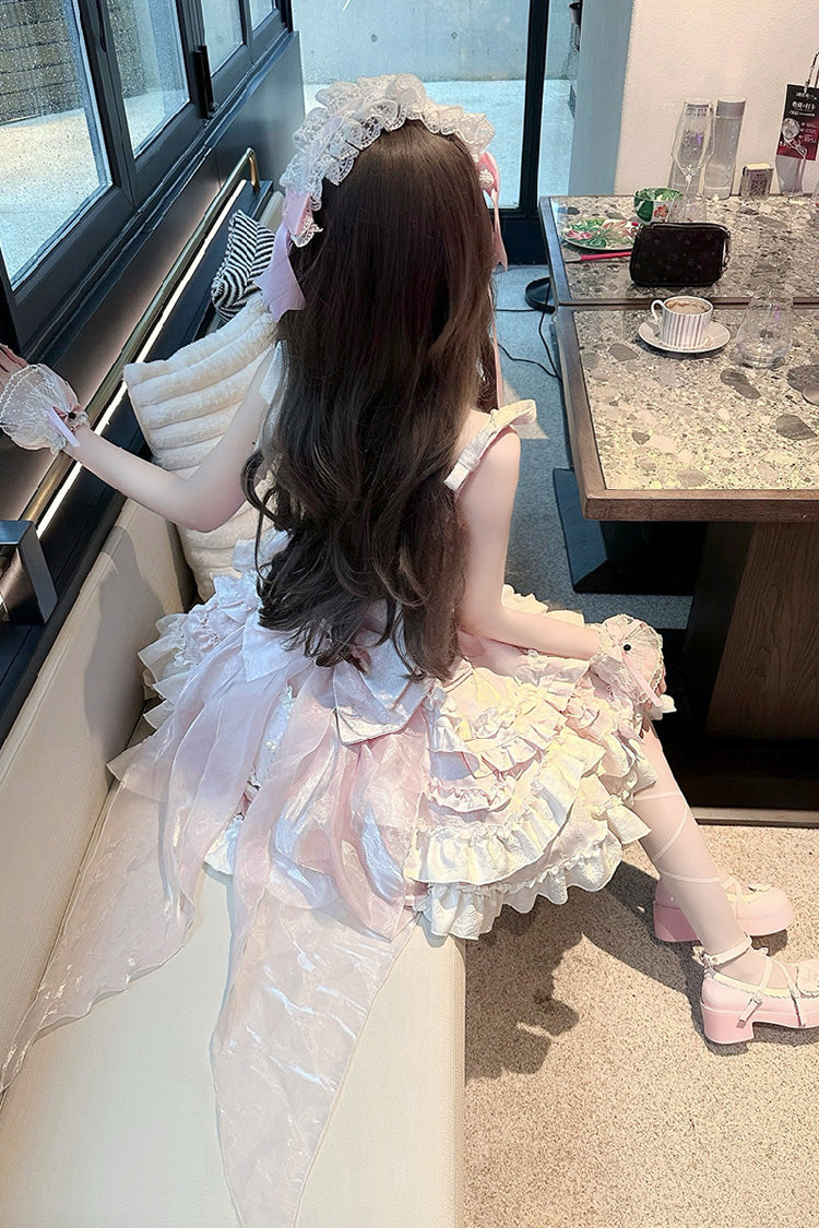 Pink Heart of Butterfly Halterneck Sleeveless Multi-Layer Ruffle Embroidery Princess Ballet JSK Dress Set