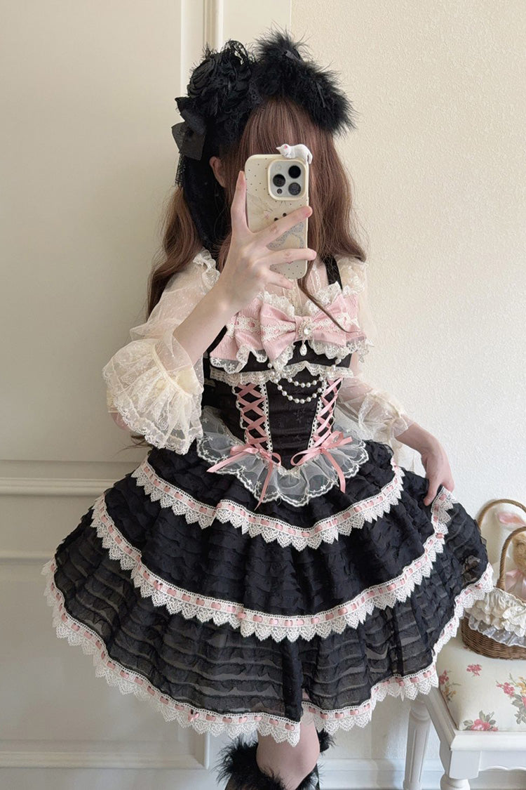 Black Floral Letters Song Sleeveless Triple-Layered Bow Lace-Up Sweet Lolita Jsk Dress