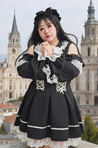 Black Off-Shoulder Ruffle Bow Lace Plus Size Blouse & Skirt Set