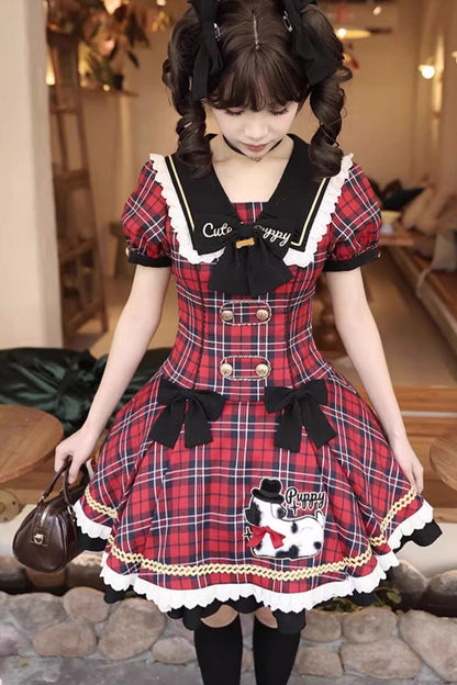 Crimson Dalmatian Bowknot Mini Sweet Lolita Gown with Short Sleeves