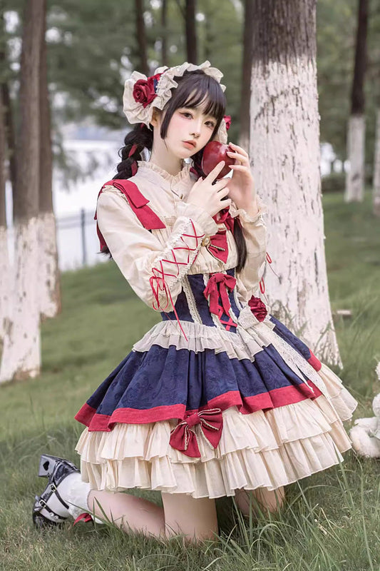 Snow White Multicolor Triple Ruffle Bow Sweet Lolita Dress