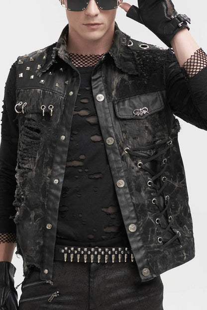 Men's Punk Vest with Skull Sheep Print and Tie-Dye Accent