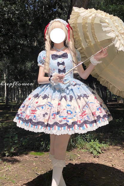 Square-Neck Ruffle Bow Dress with Lace and Print