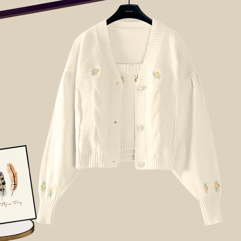 Pants Cardigan Top Denim Blue Set Embroidery