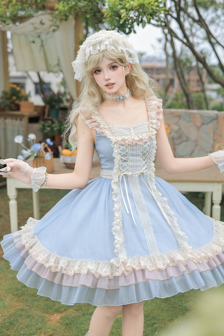 Square Collar Flutter Sleeve Triple Ruffled Lace-Up Sweet Lolita JSK Two Versions