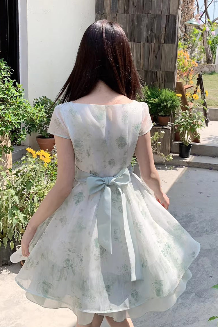 Green Floral Print Short Sleeve Bow Lace Sweet Princess Lolita Dress