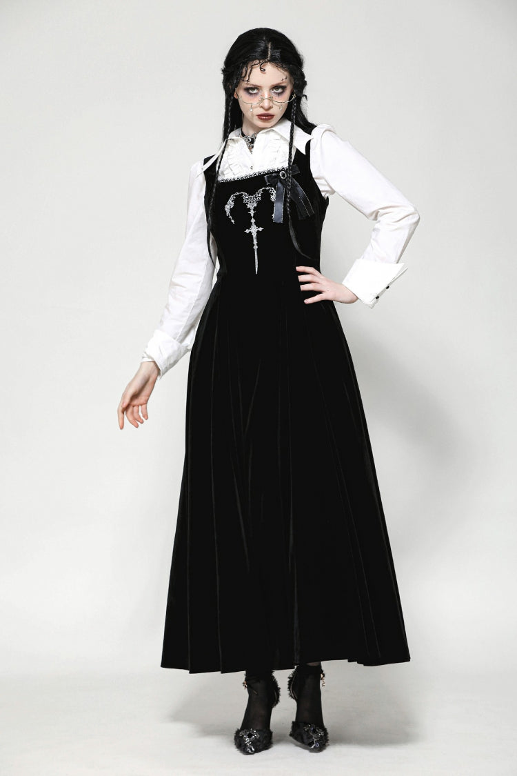 Gothic Women's Velvet Maxi Dress with Embroidered Horns and Lace-Up Back