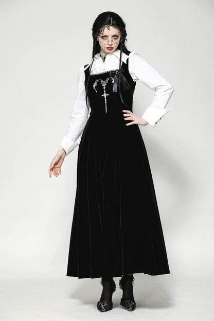 Gothic Women's Velvet Maxi Dress with Embroidered Horns and Lace-Up Back