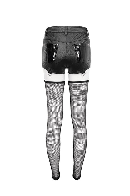 Pentagram Punk Shorts with Stockings in Black Faux Leather for Women