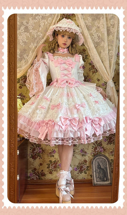Pink Bow Accents White High Waist Sweet Princess Lolita Dress with Detachable Sleeves