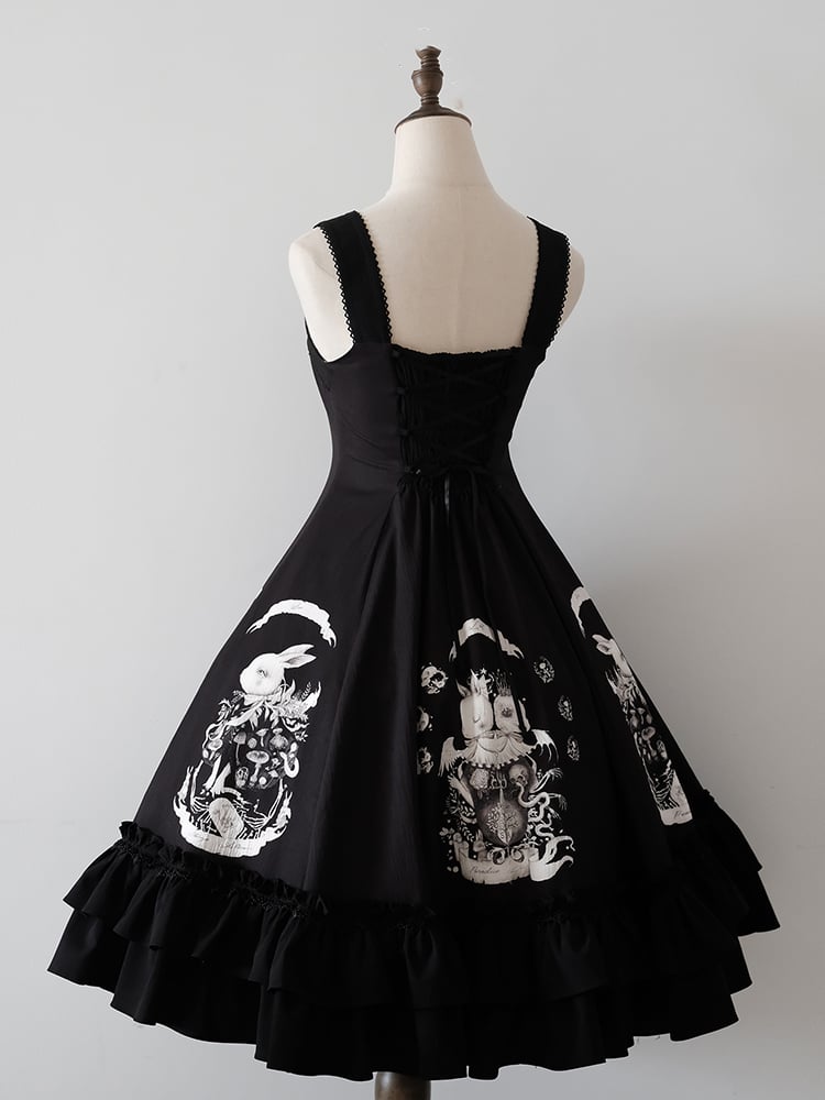 Bunny Print Black Dark Gothic Lolita Slim Fit Waist Dress