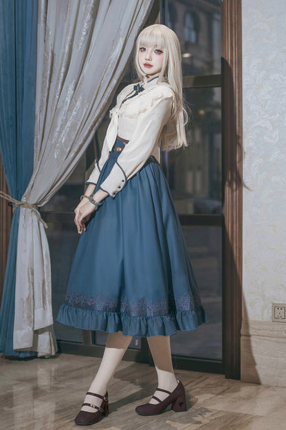 Blue Ruffle Embroidered Lace-Up Sweet College Elegant Lolita Skirt