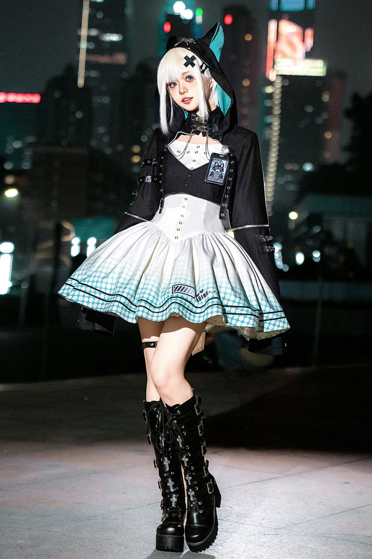 Black and Ivory Electronic Cat Print Future Suit Gothic Cool Lolita Dress