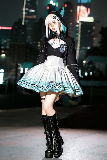 Black and Ivory Electronic Cat Print Future Suit Gothic Cool Lolita Dress